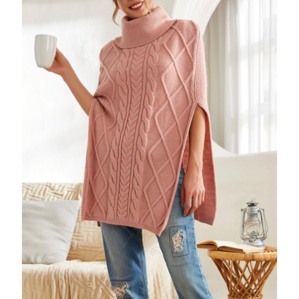 Simple by Suzanne Betro Blush Cable-Knit Turtleneck Poncho 3X/4X